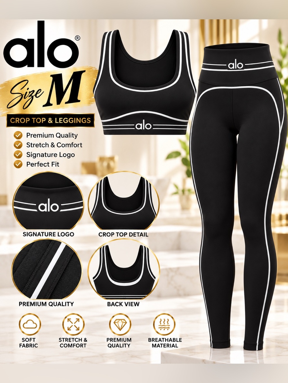 ALO Yoga Black Crop Top & Leggings Set with White Piping